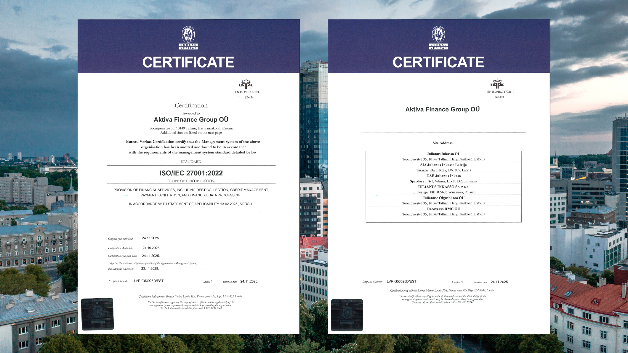 Aktiva Finance Group ISO/IEC 27001:2022 sertifikaat
